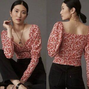 Anthropologie Cottagecore Red Sweetheart Smocked Micro Floral Blouse